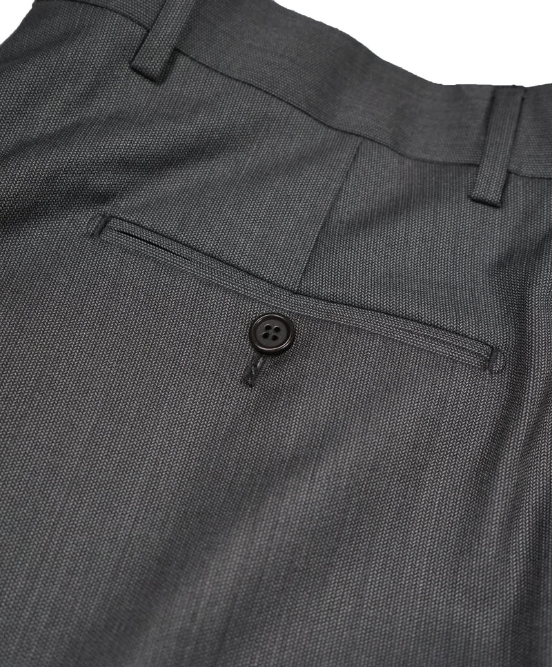 SAKS FIFTH AVE - Gray Micro Herringbone Flat Front Dress Pants - 33W