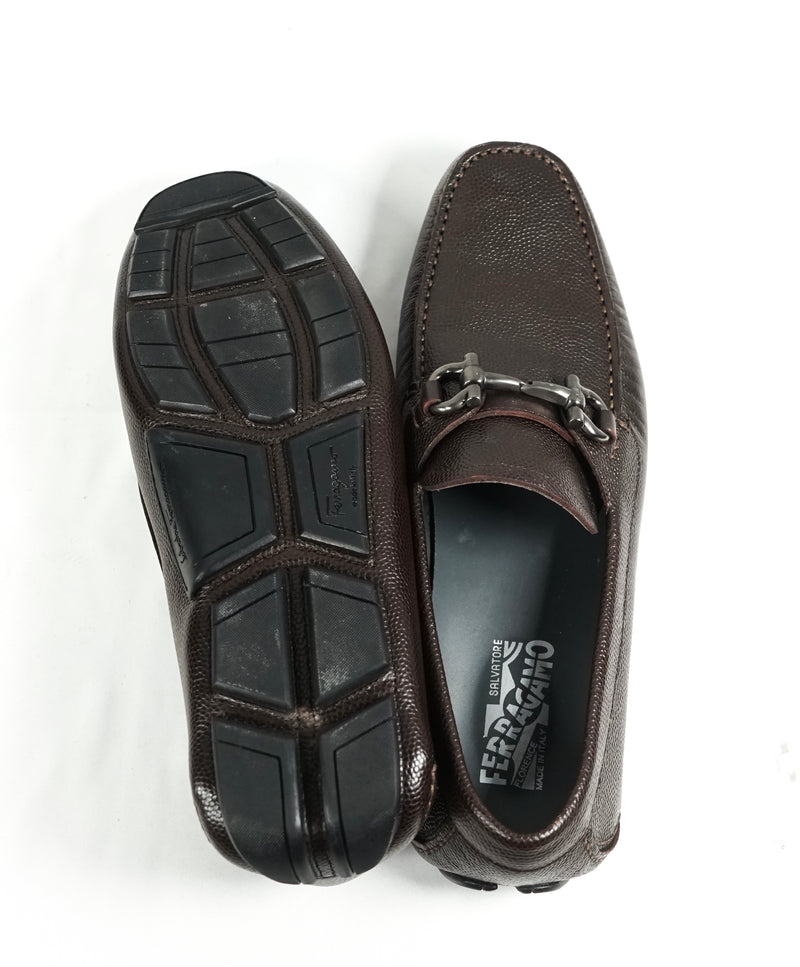 SALVATORE FERRAGAMO - “Parigi” Brown Grained Pebbled Leather Loafers - 9.5 D