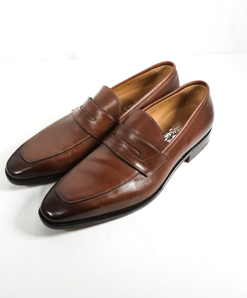 SALVATORE FERRAGAMO - "TRAMEZZA" Brown Penny Loafers Sleek Silhouette - 13 D