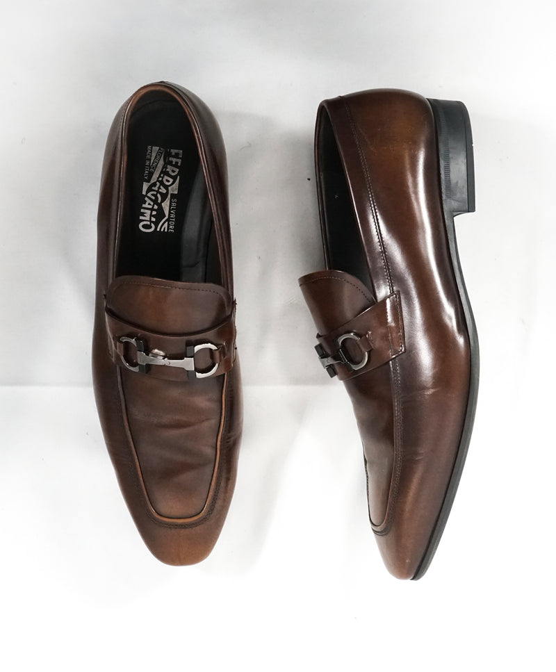 SALVATORE FERRAGAMO - “Dinamo” 2 Tone Gancini Bit Brown Leather Loafers - 13 EE