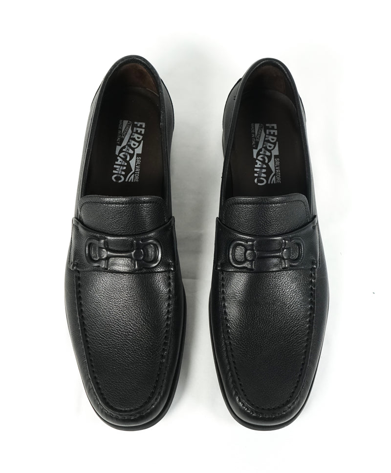 SALVATORE FERRAGAMO - “Faraone” Embossed Black Leather Loafers - 11