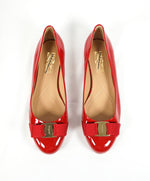 SALVATORE FERRAGAMO - "Vara" Patent Leather Bow Red Flats - 9 B