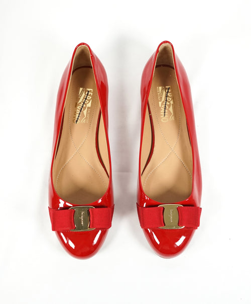 SALVATORE FERRAGAMO - "Vara" Patent Leather Bow Red Flats - 9 B