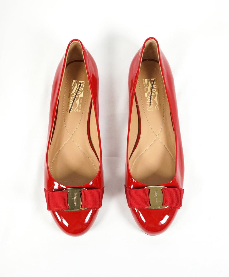 SALVATORE FERRAGAMO - "Vara" Patent Leather Bow Red Flats - 9 B