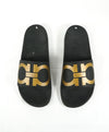 SALVATORE FERRAGAMO - Iconic Gancini Black & Gold Slides Slippers - 9