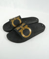 SALVATORE FERRAGAMO - Iconic Gancini Black & Gold Slides Slippers - 9