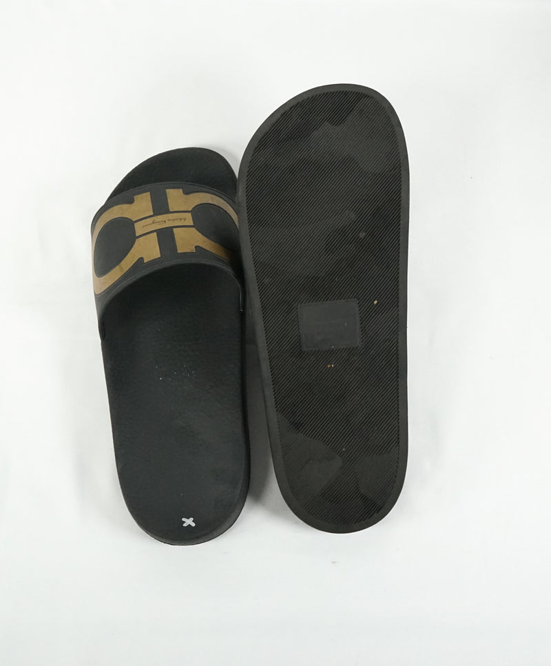 SALVATORE FERRAGAMO - Iconic Gancini Black & Gold Slides Slippers - 9