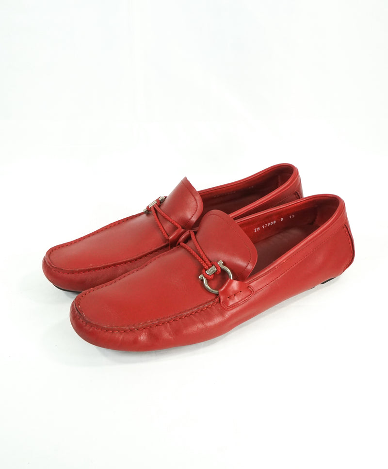 SALVATORE FERRAGAMO - “Gancio” Red Braided Leather Logo Loafers - 13 D