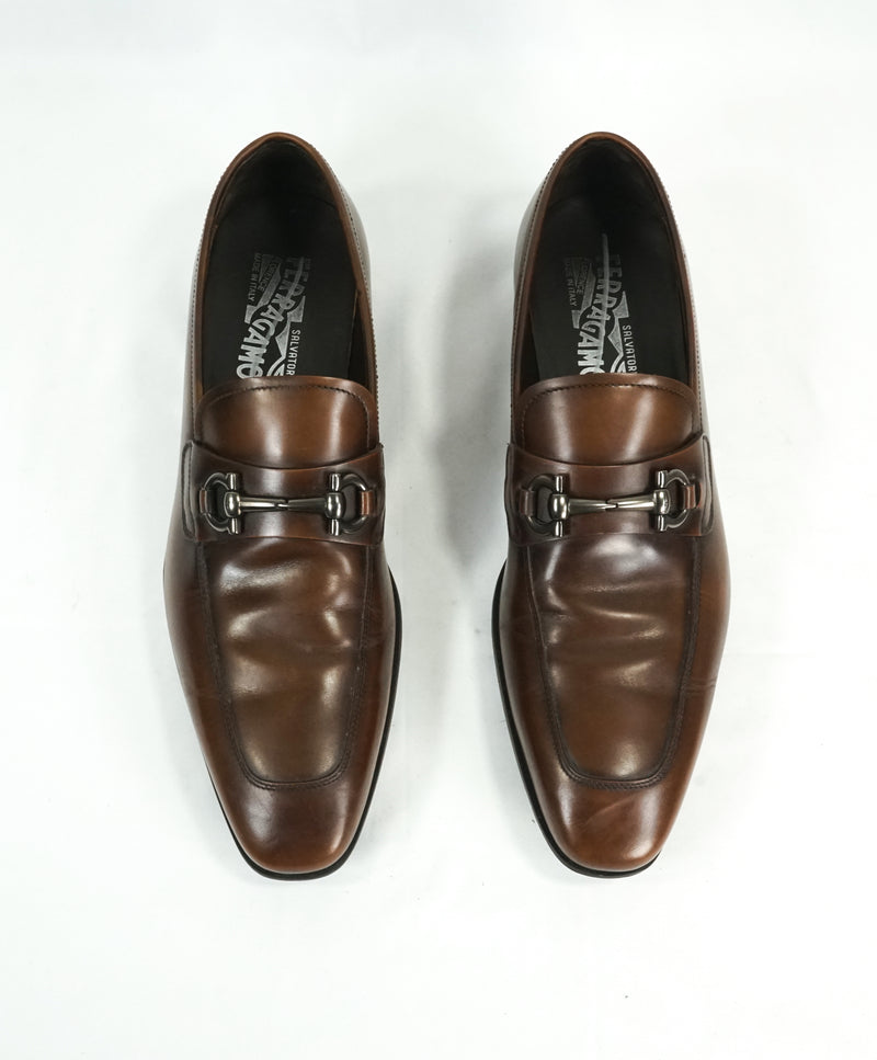 SALVATORE FERRAGAMO -“Giant” Gancini Bit Burnished Brown Leather Loafers - 8 D