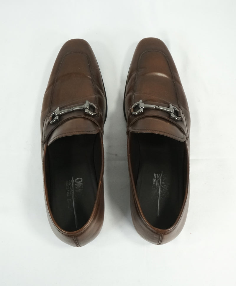 SALVATORE FERRAGAMO -“Giant” Gancini Bit Burnished Brown Leather Loafers - 11.5 D