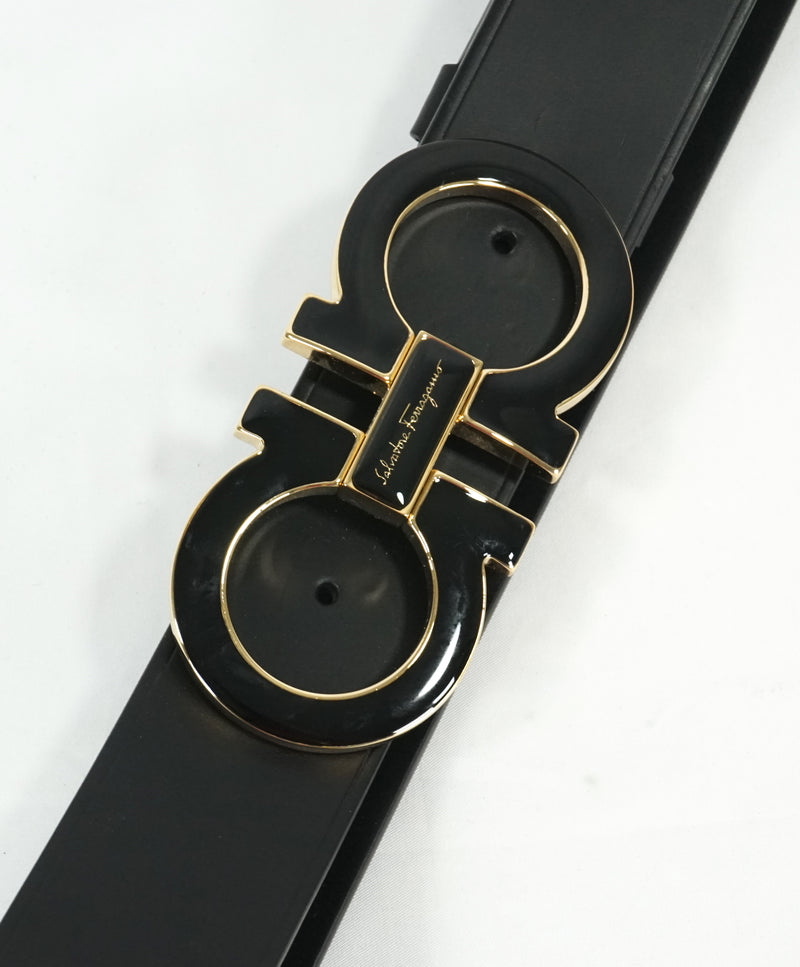 SALVATORE FERRAGAMO - Black & Gold Enamel Oversized Leather Gancini Belt - 42W