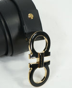 SALVATORE FERRAGAMO - Black & Gold Enamel Oversized Leather Gancini Belt - 42W