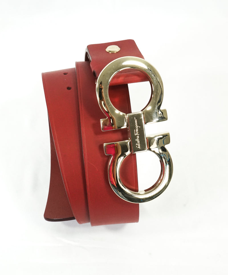 SALVATORE FERRAGAMO - Red & Gold Oversized Leather Gancini Belt - 42W