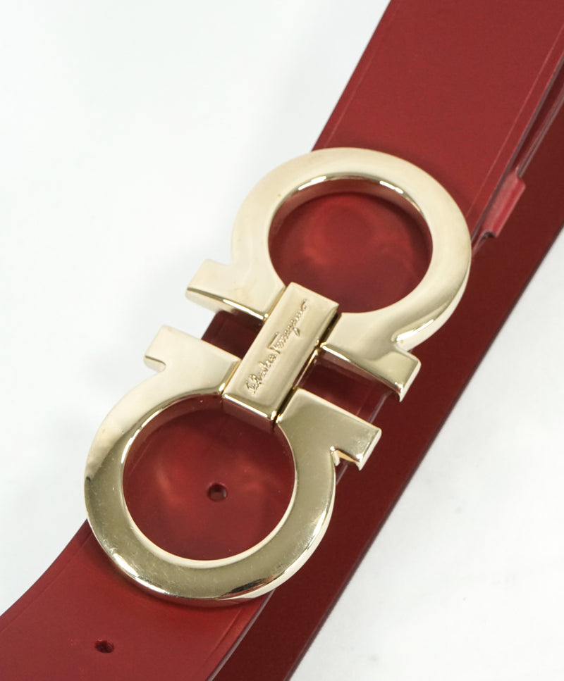 SALVATORE FERRAGAMO - Red & Gold Oversized Leather Gancini Belt - 38W