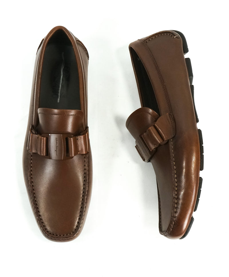 SALVATORE FERRAGAMO - “Sardegna" Tonal Brown Iconic Leather Loafers - 9 D