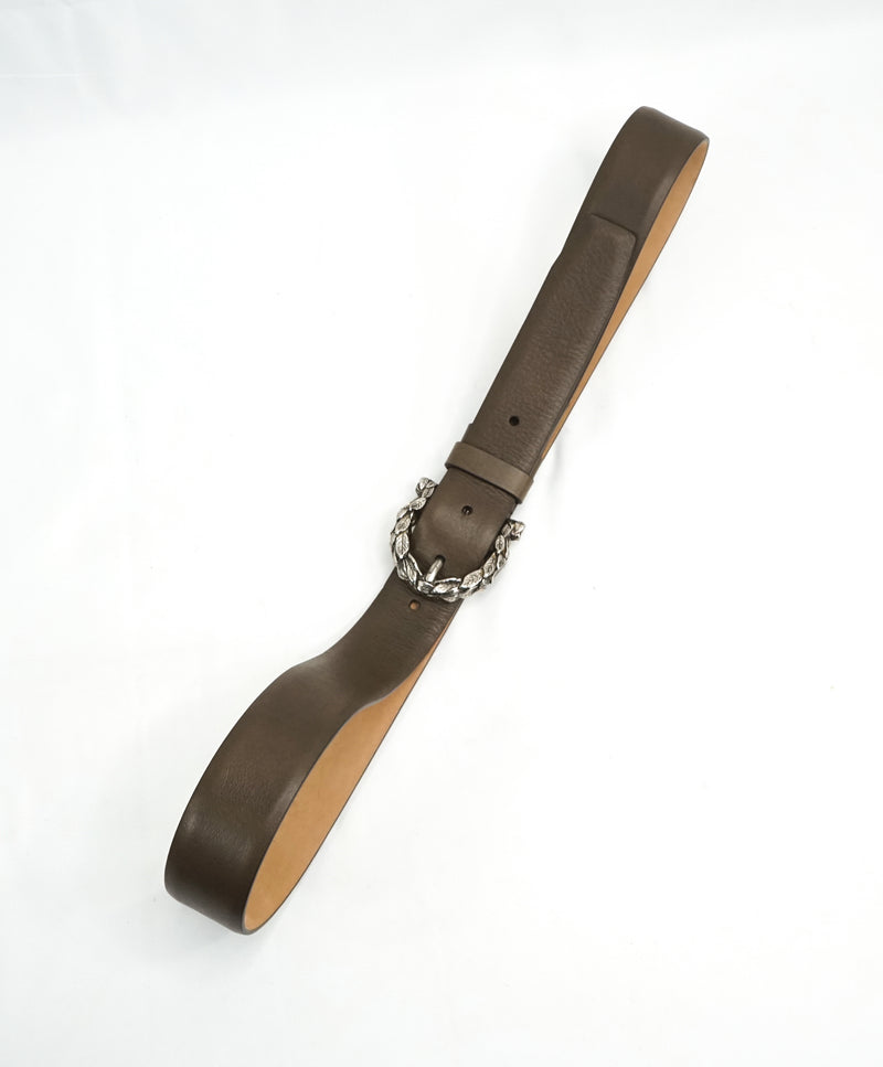SALVATORE FERRAGAMO - Feather Engraved Olive Tone Leather Gancini Belt - 38W