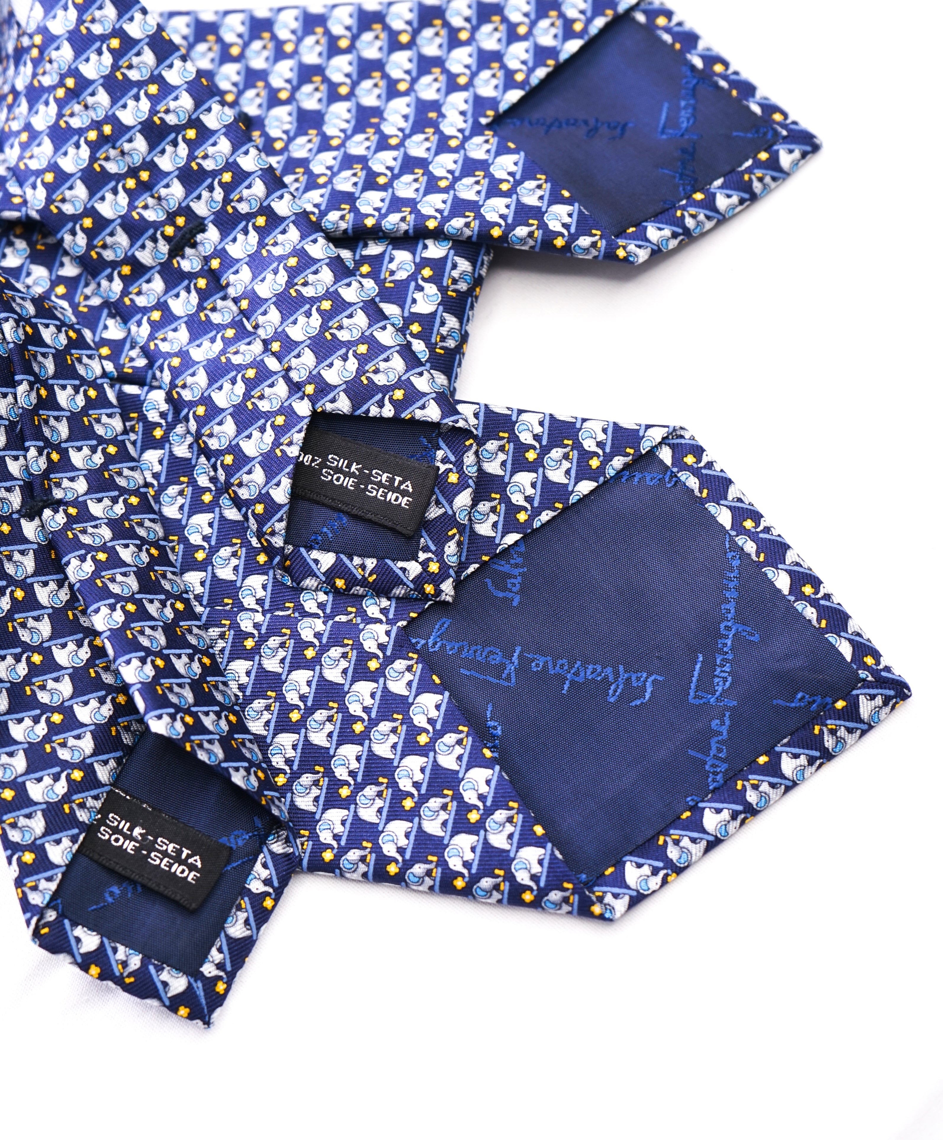 SALVATORE FERRAGAMO - *Father & Son Set* Navy/Yellow Elephant Tie-