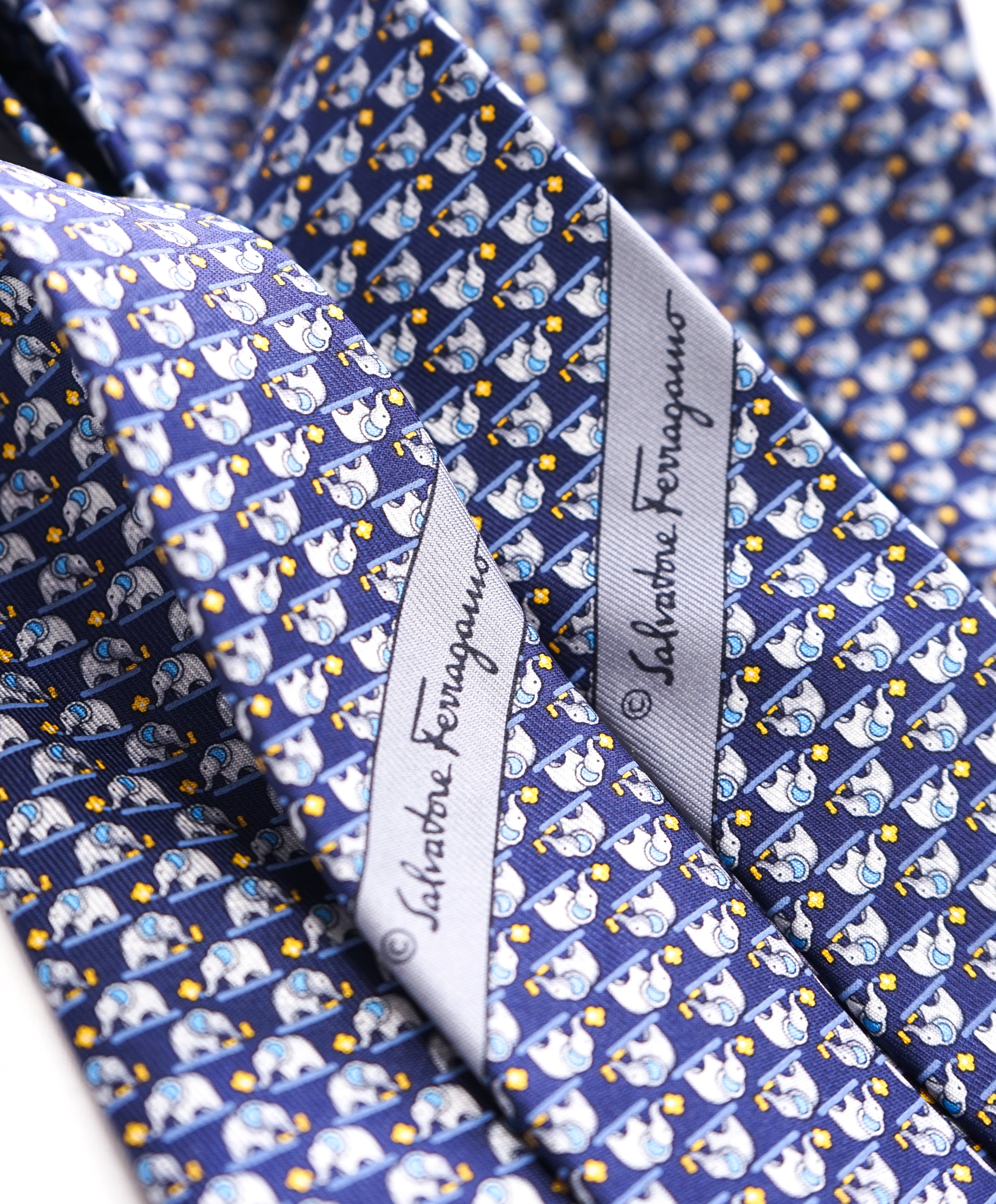 SALVATORE FERRAGAMO - *Father & Son Set* Navy/Yellow Elephant Tie-