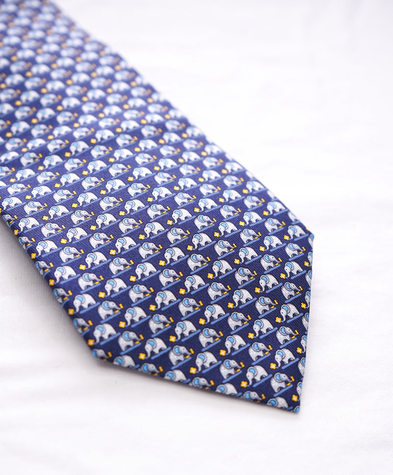 SALVATORE FERRAGAMO -Navy & Yellow Elephant Print Tie  -