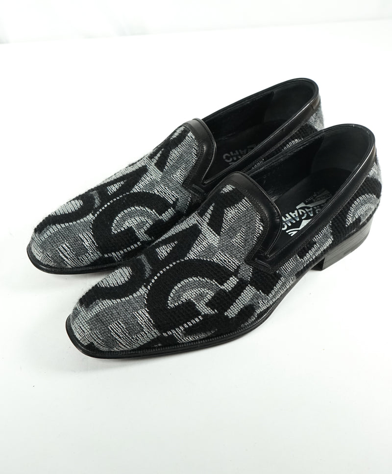 SALVATORE FERRAGAMO -LOGO Monogram Wool Leather Slip On Smoking Loafers - 7 EE