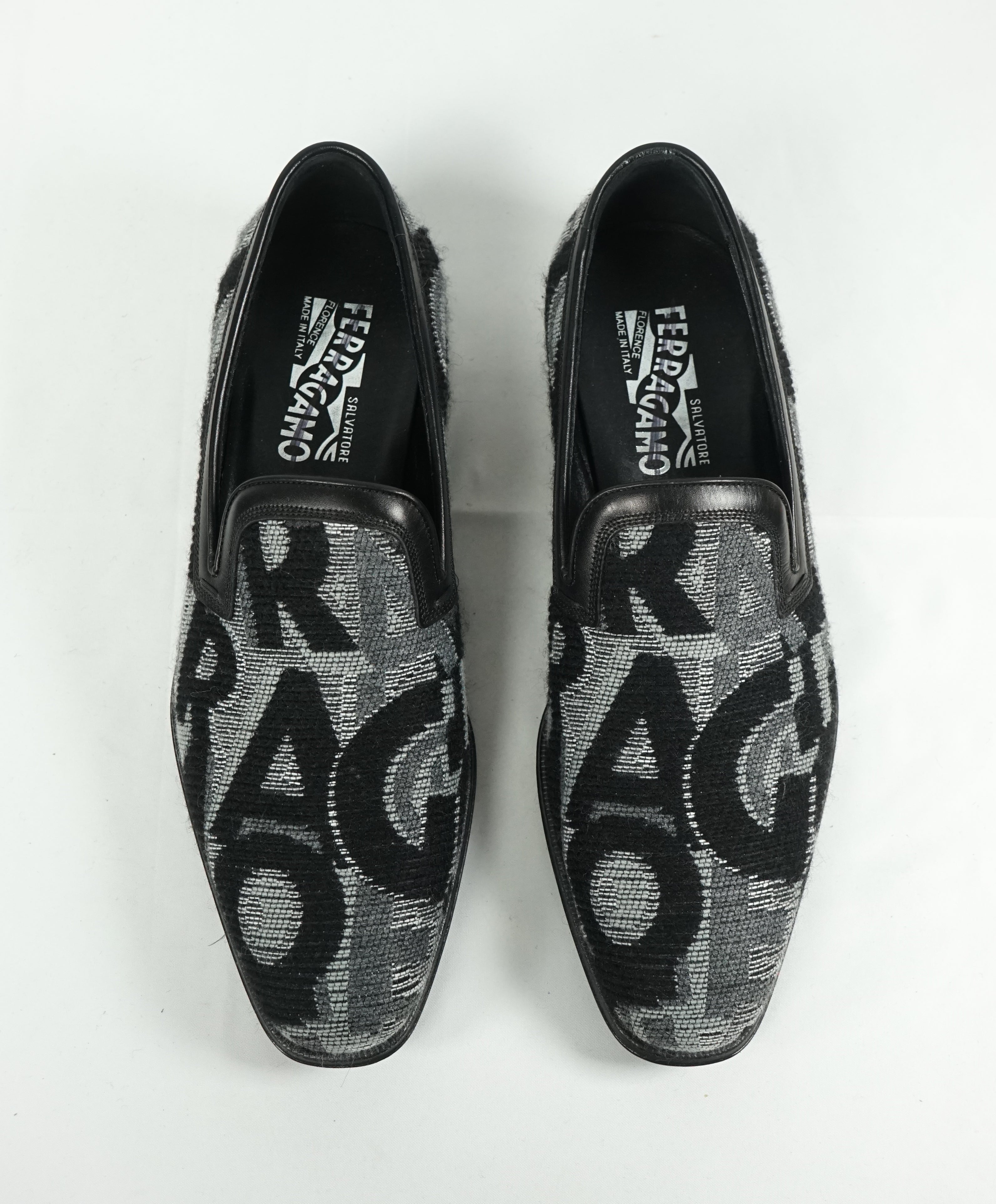 SALVATORE FERRAGAMO -LOGO Monogram Wool Leather Slip On Smoking Loafers - 7 EE