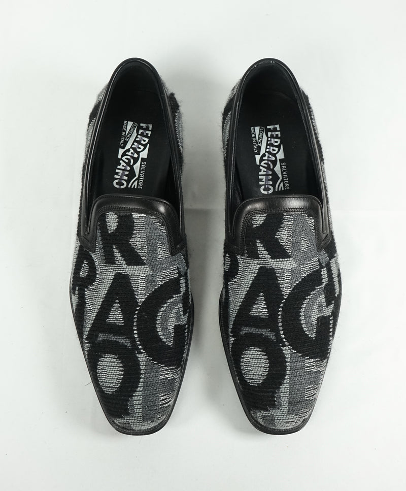 SALVATORE FERRAGAMO -LOGO Monogram Wool Leather Slip On Smoking Loafers - 7 EE