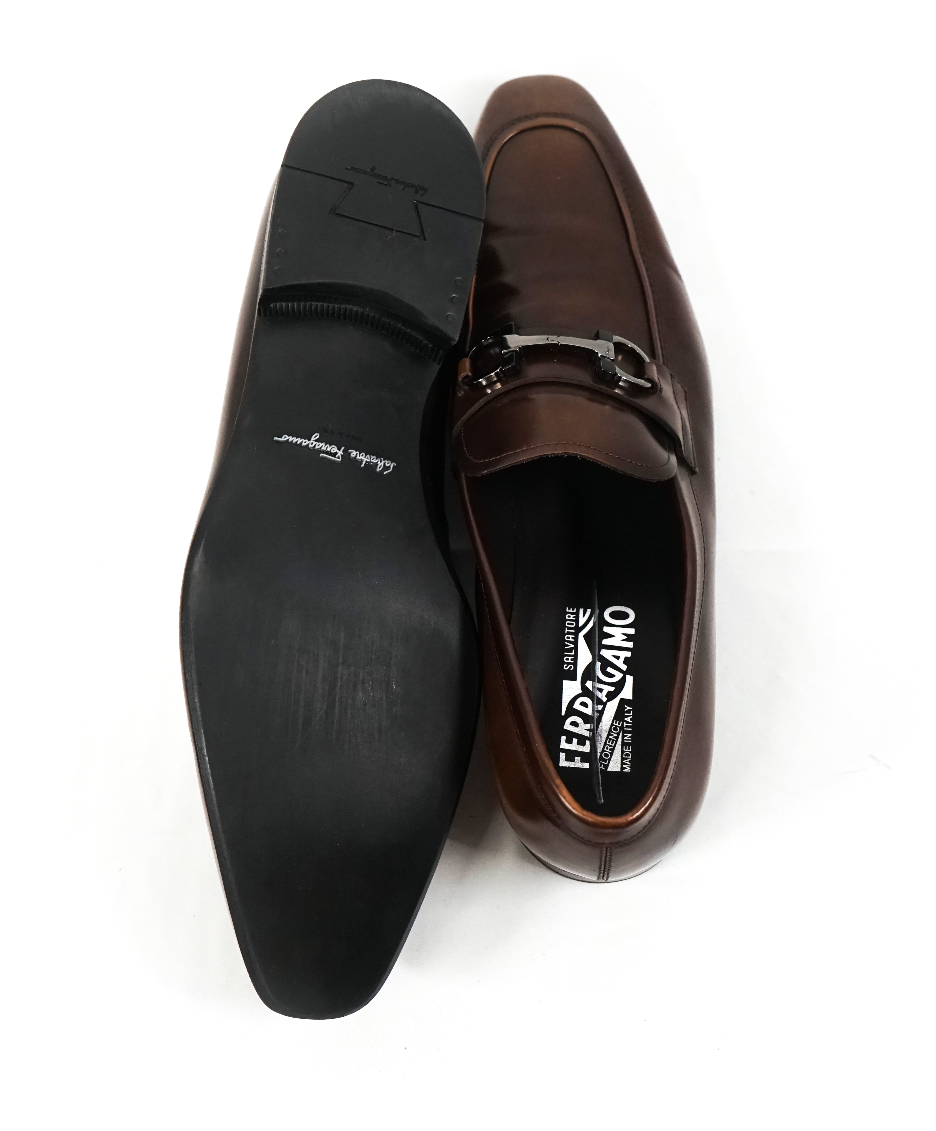 SALVATORE FERRAGAMO - “Dinamo” Two Tone Gancini Bit Brown Leather Loafers - 10.5