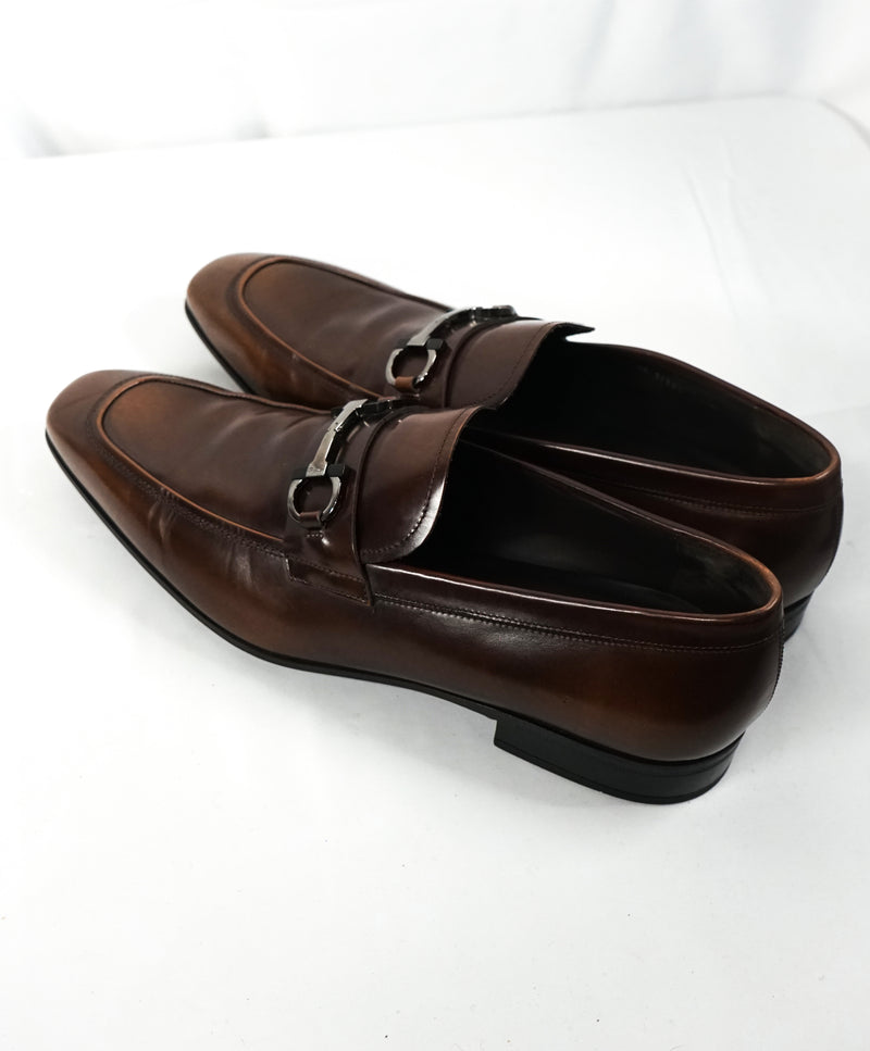 SALVATORE FERRAGAMO - “Dinamo” Two Tone Gancini Bit Brown Leather Loafers - 10.5