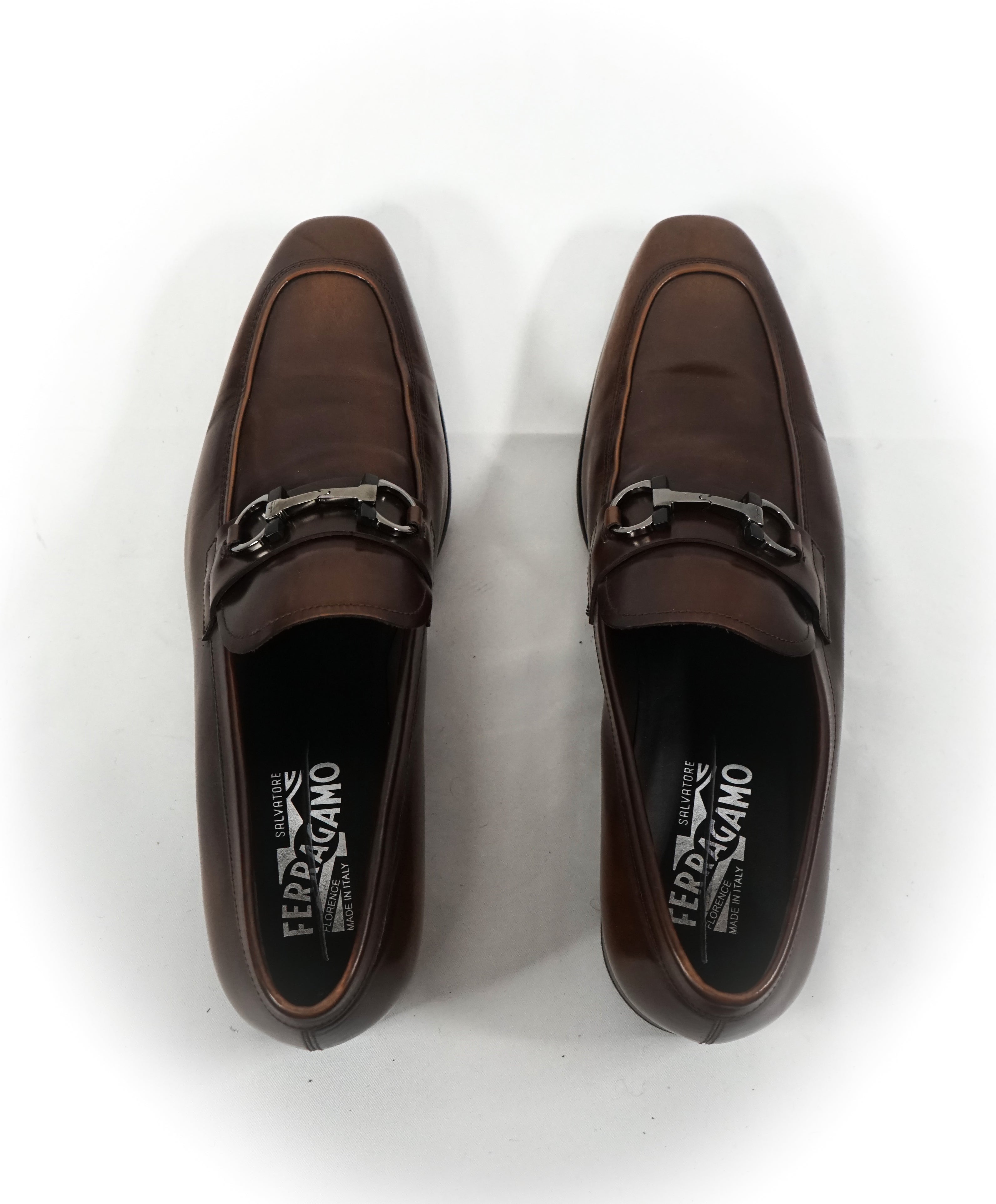 SALVATORE FERRAGAMO - “Dinamo” Two Tone Gancini Bit Brown Leather Loafers - 10.5