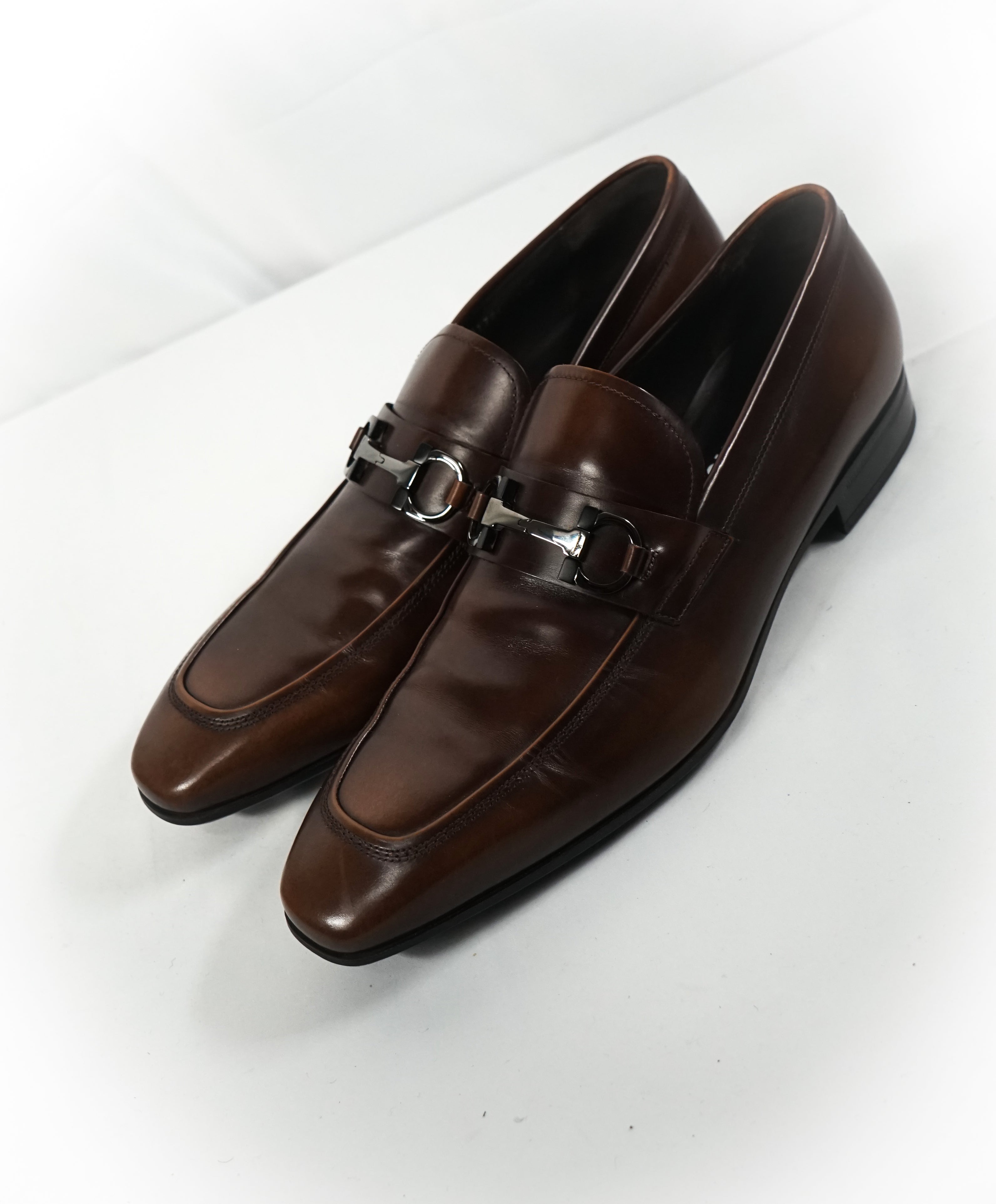 SALVATORE FERRAGAMO - “Dinamo” Two Tone Gancini Bit Brown Leather Loafers - 10.5