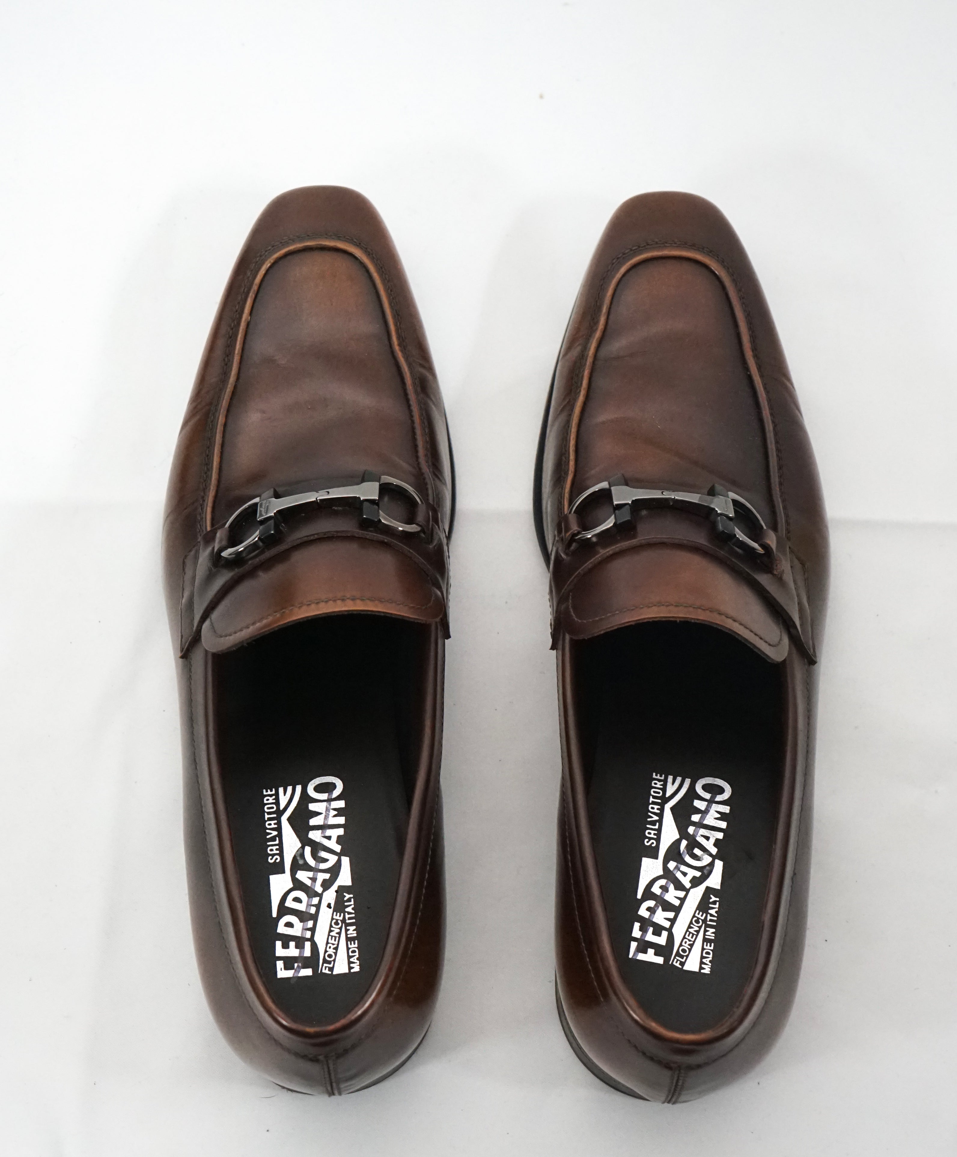 SALVATORE FERRAGAMO -“Dinamo” 2 Tone Gancini Bit Brown Leather Loafers -8.5 D