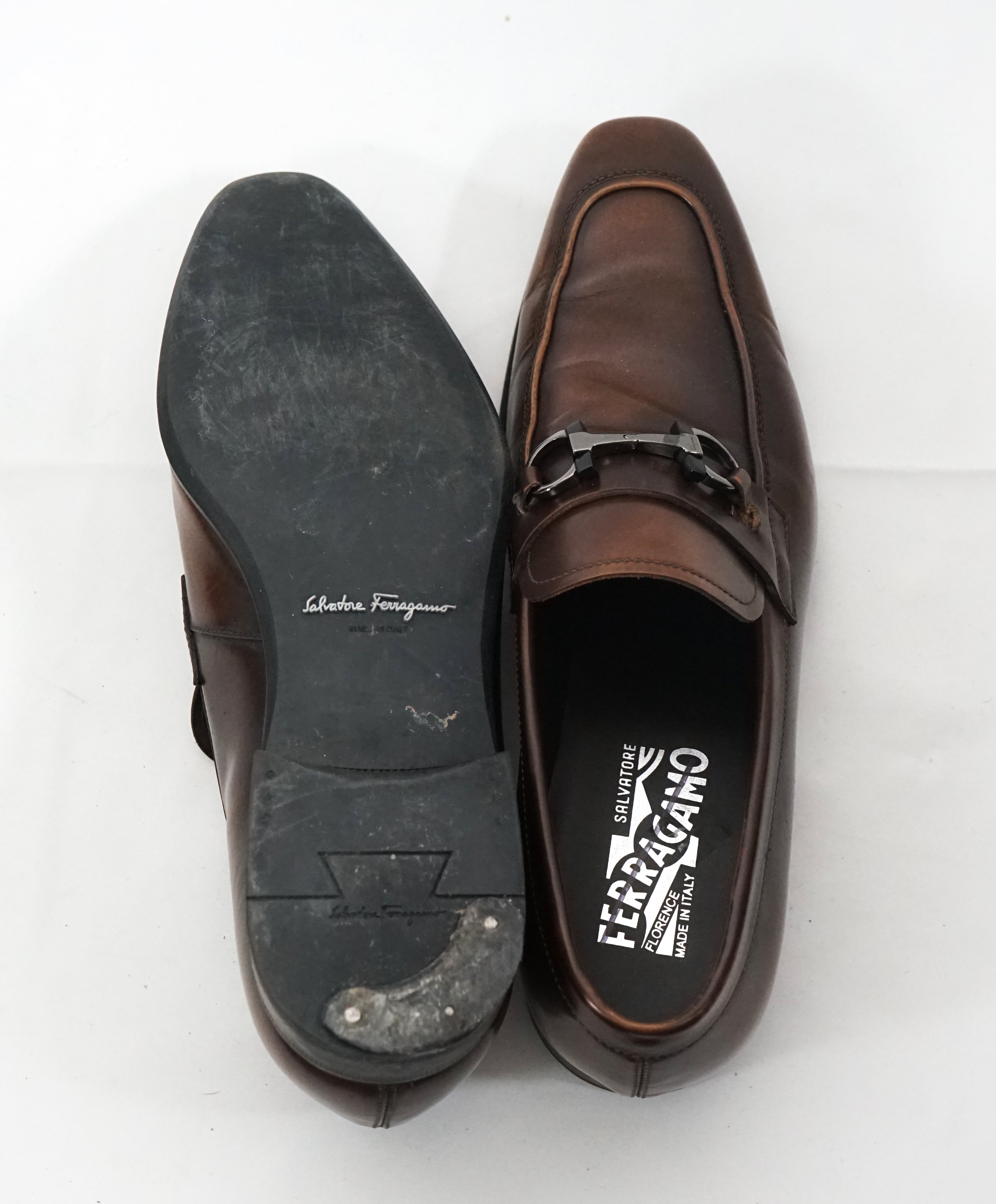 SALVATORE FERRAGAMO -“Dinamo” 2 Tone Gancini Bit Brown Leather Loafers -8.5 D