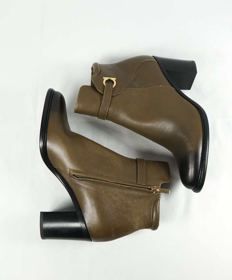 SALVATORE FERRAGAMO - 'Florian' Green Ombré Block-Heel Booties Gancini Logo- 8.5
