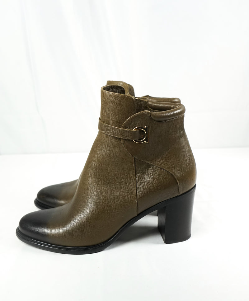 SALVATORE FERRAGAMO - 'Florian' Green Ombré Block-Heel Booties Gancini Logo- 8.5