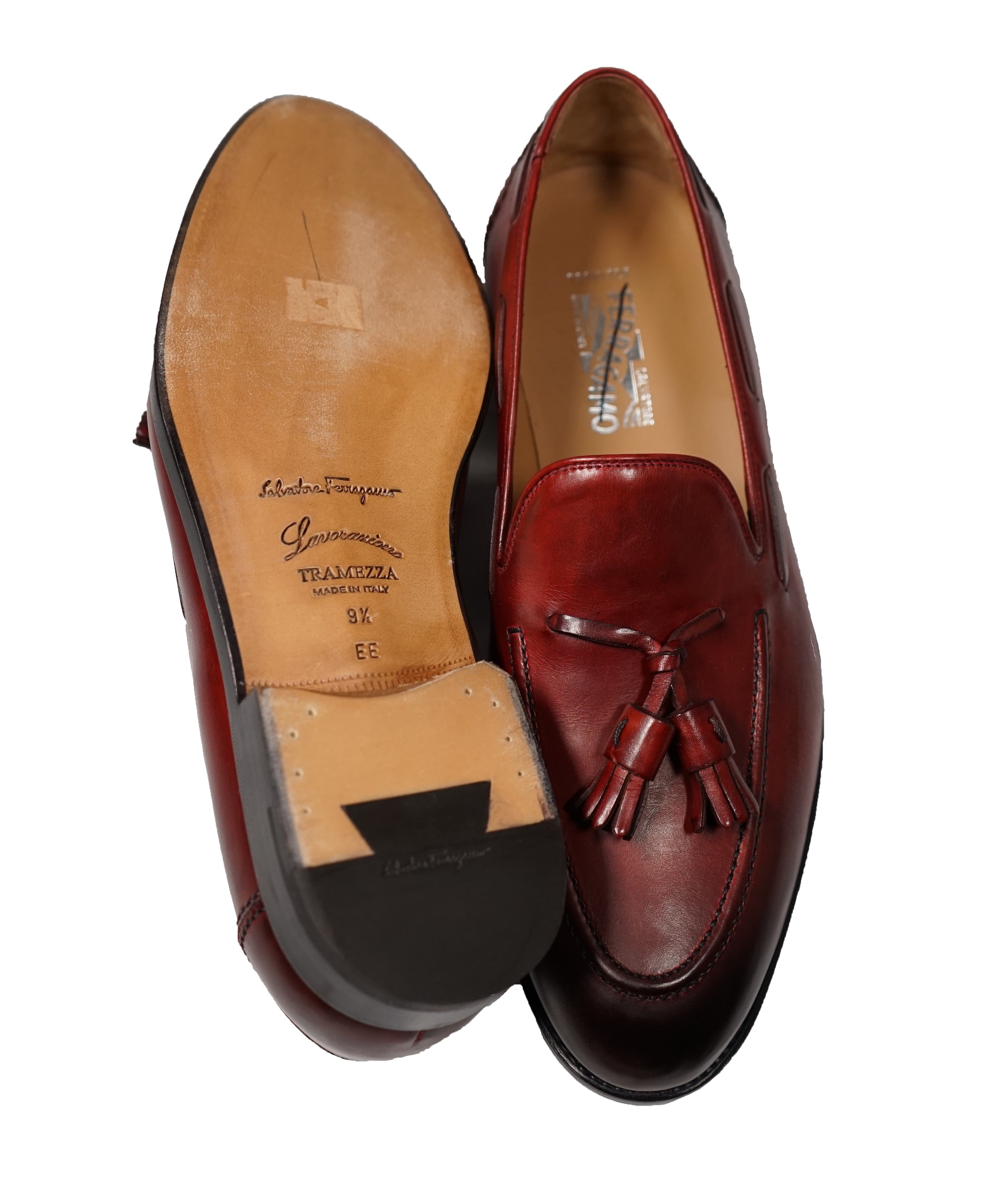SALVATORE FERRAGAMO TRAMEZZA Burgundy Tassel Detail Loafers 9.5 10 Luxe Hanger