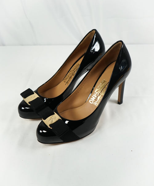 SALVATORE FERRAGAMO -"Vara" Patent Leather Bow Black Pump Heels - 5.5