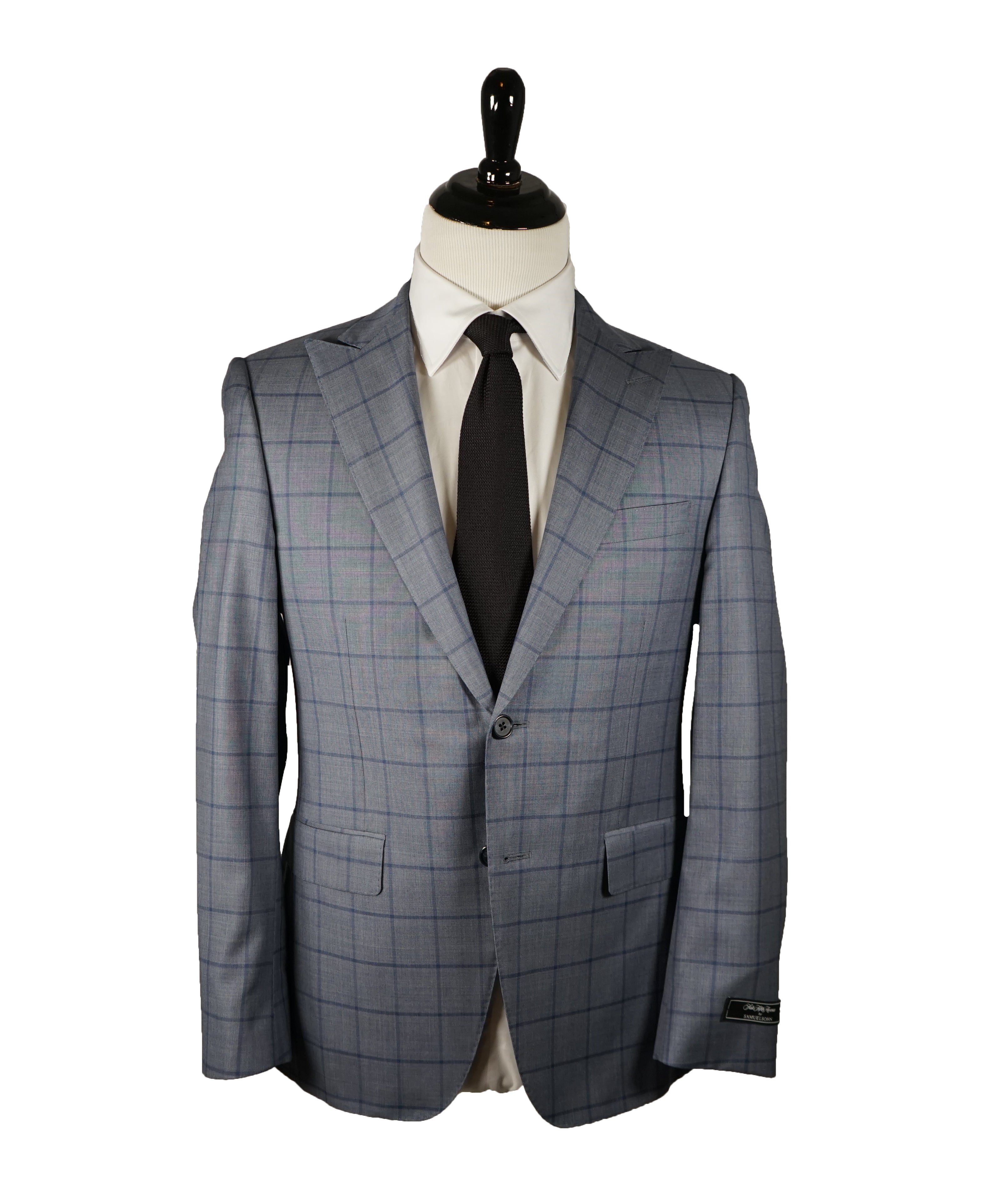 SAMUELSOHN - Wide Peak Lapel Windowpane Blue Suit - 38S