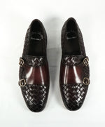 SANTONI - Oxblood Hand-Antiqued Woven Leather Monk Strap Loafers - 10