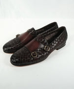 SANTONI - Oxblood Hand-Antiqued Woven Leather Monk Strap Loafers - 10