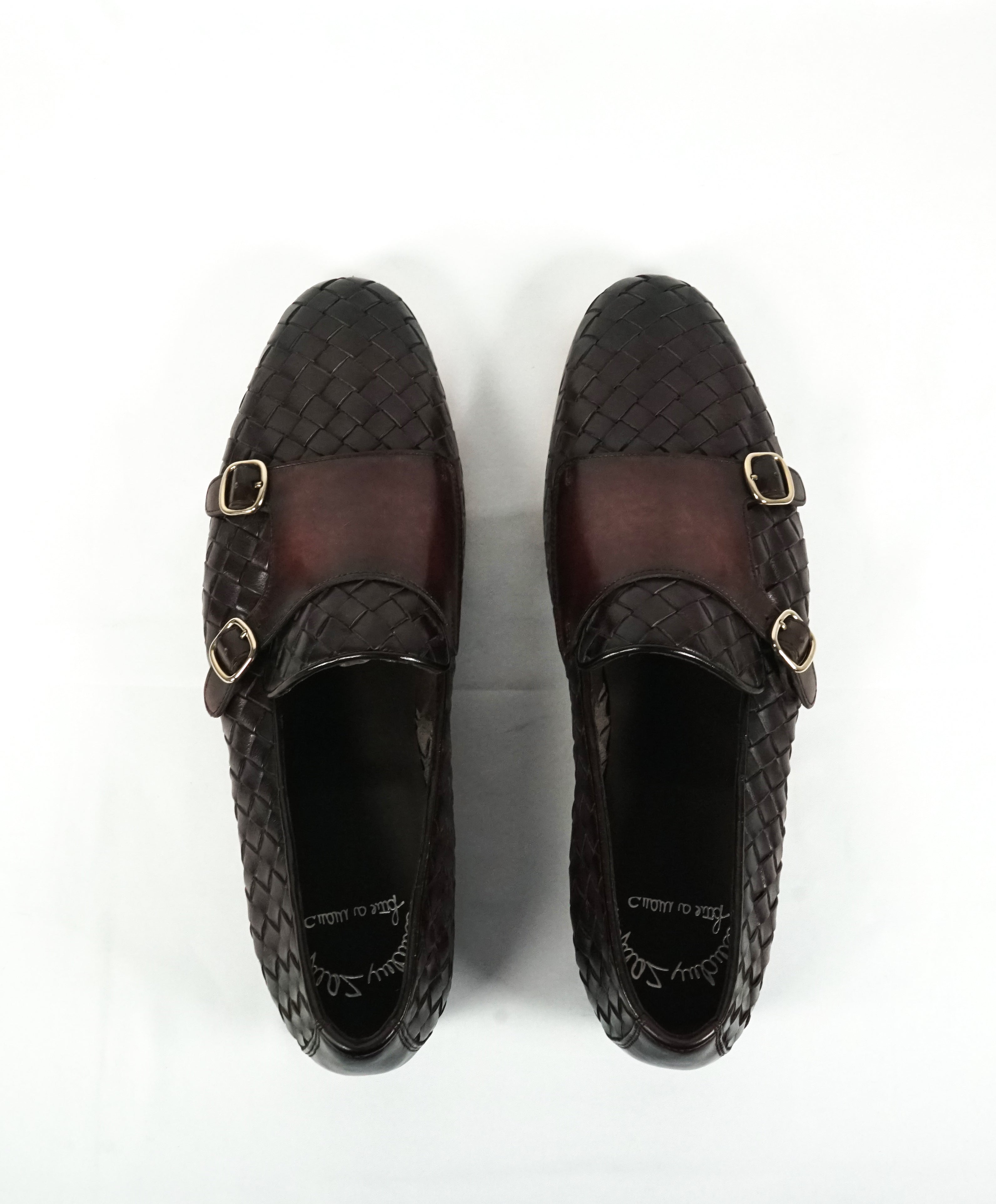 SANTONI - Oxblood Hand-Antiqued Woven Leather Monk Strap Loafers - 10