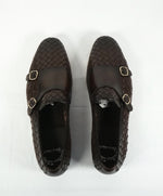 SANTONI - Brown Hand-Antiqued Woven Leather Monk Strap Loafers - 11.5