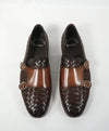 SANTONI - Mocha Brown Hand-Antiqued Woven Leather Monk Strap Loafers - 10.5