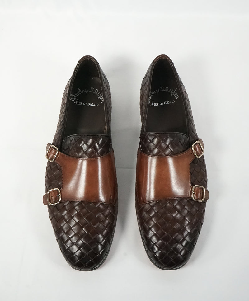 SANTONI - Brown Hand-Antiqued Woven Leather Monk Strap Loafers - 10