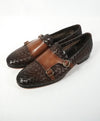 SANTONI - Mocha Brown Hand-Antiqued Woven Leather Monk Strap Loafers - 10.5