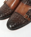 SANTONI - Mocha Brown Hand-Antiqued Woven Leather Monk Strap Loafers - 10.5