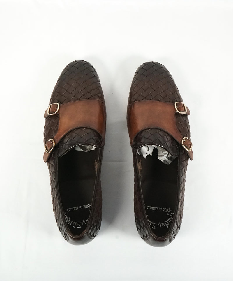 SANTONI - Brown Hand-Antiqued Woven Leather Monk Strap Loafers - 10