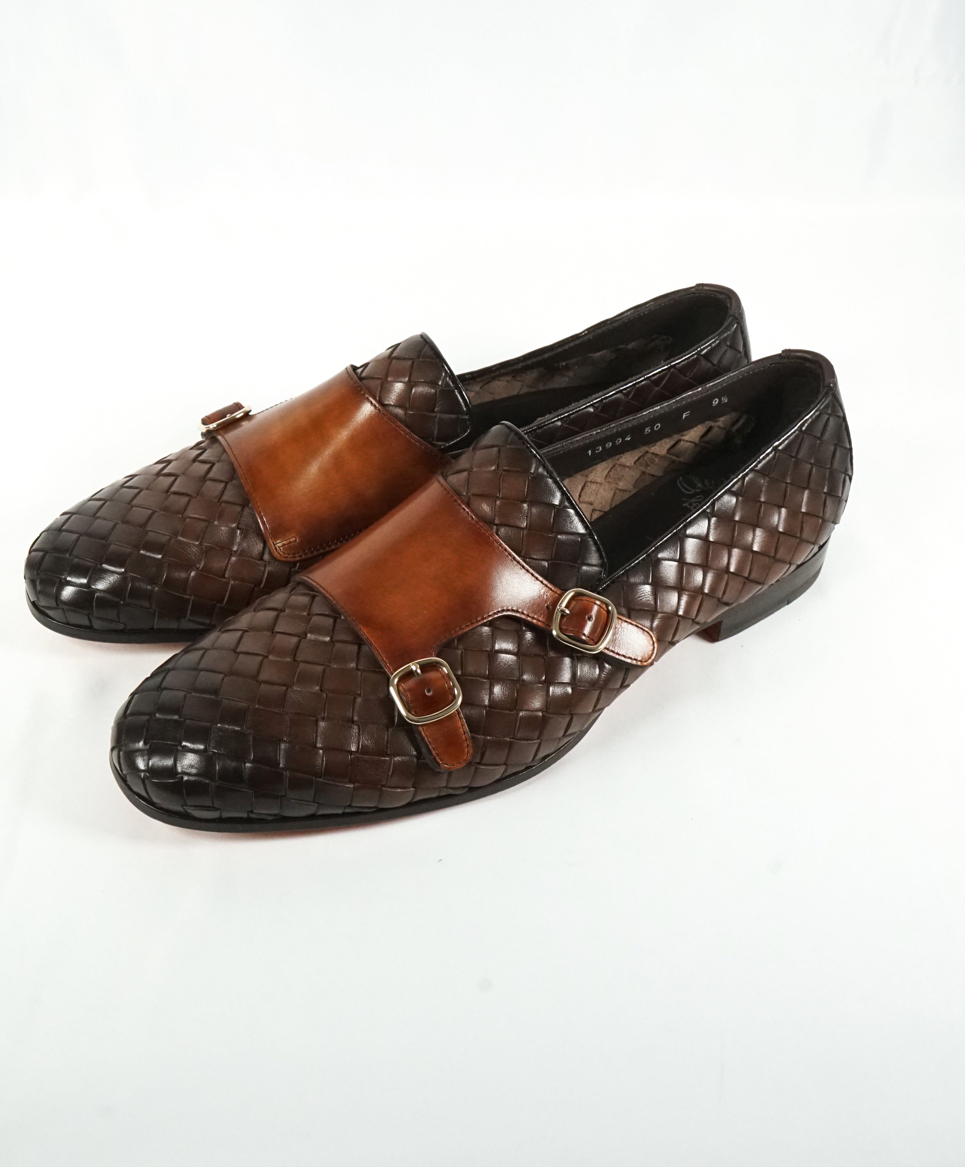 SANTONI - Brown Hand-Antiqued Woven Leather Monk Strap Loafers - 10.5
