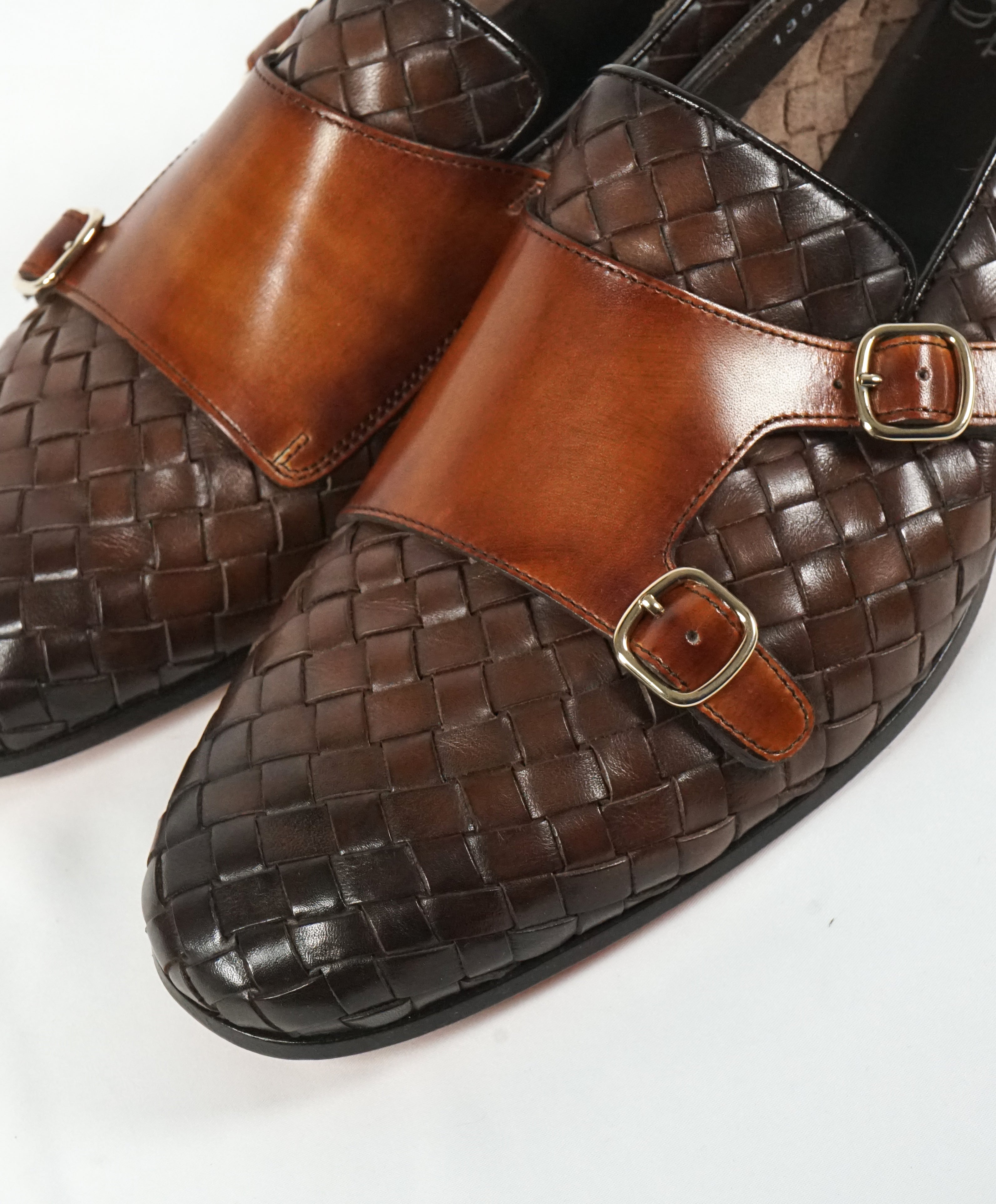 SANTONI - Brown Hand-Antiqued Woven Leather Monk Strap Loafers - 10.5