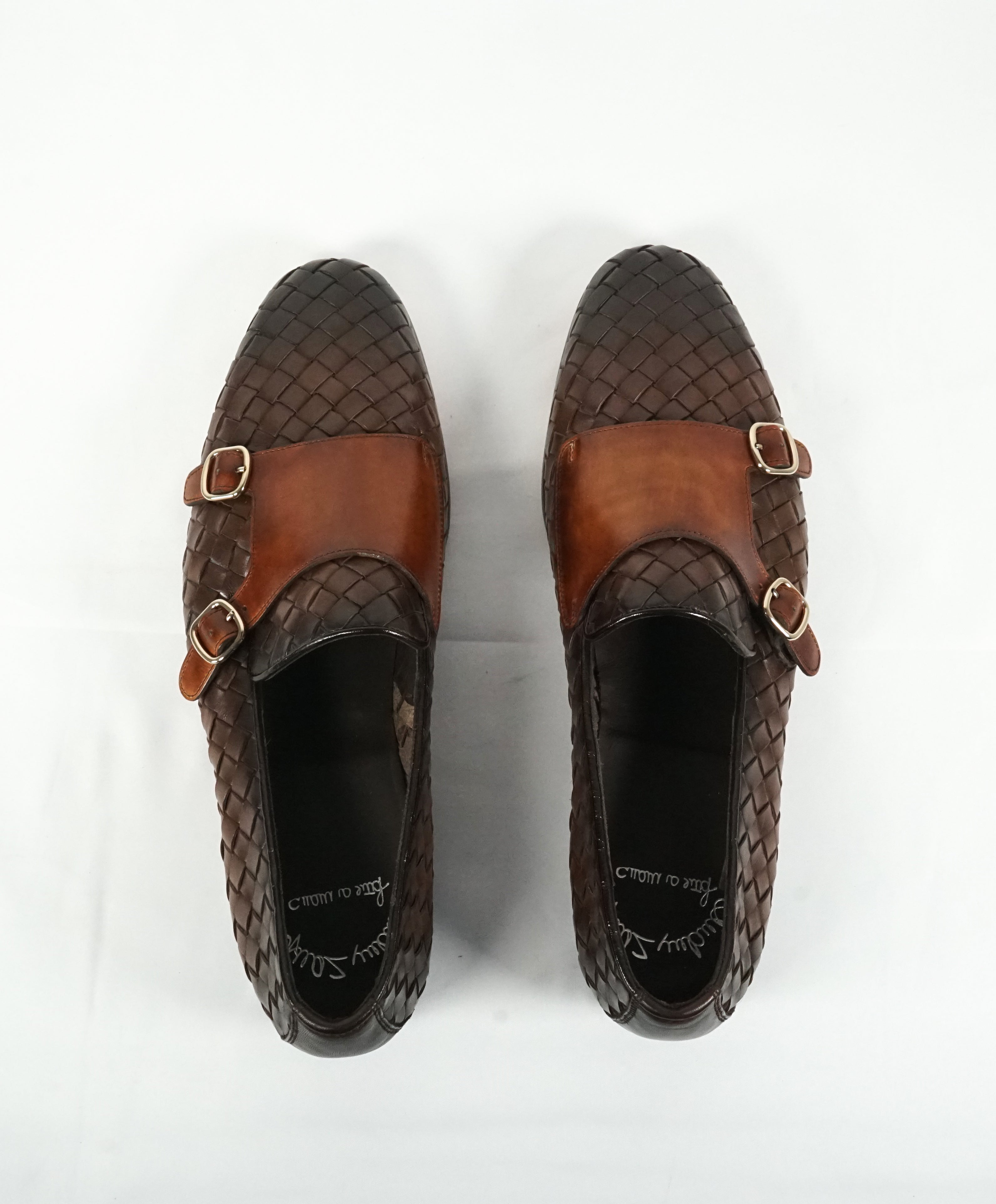 SANTONI - Brown Hand-Antiqued Woven Leather Monk Strap Loafers - 10.5