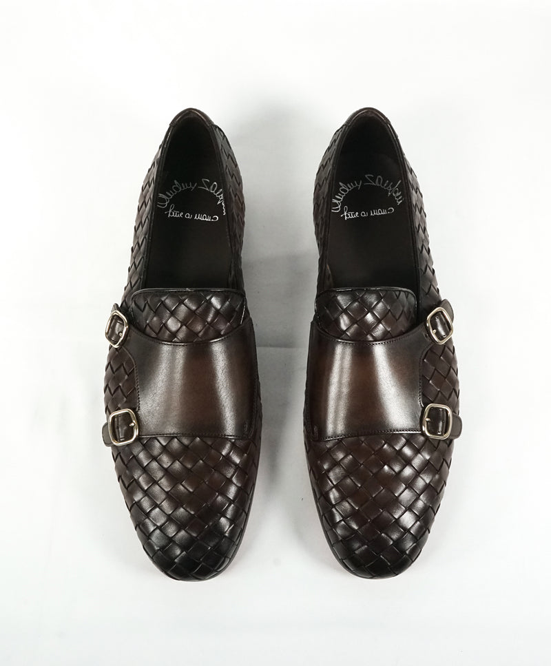 SANTONI - Brown Hand Antiqued Woven Leather Monk Strap Loafers - 10.5